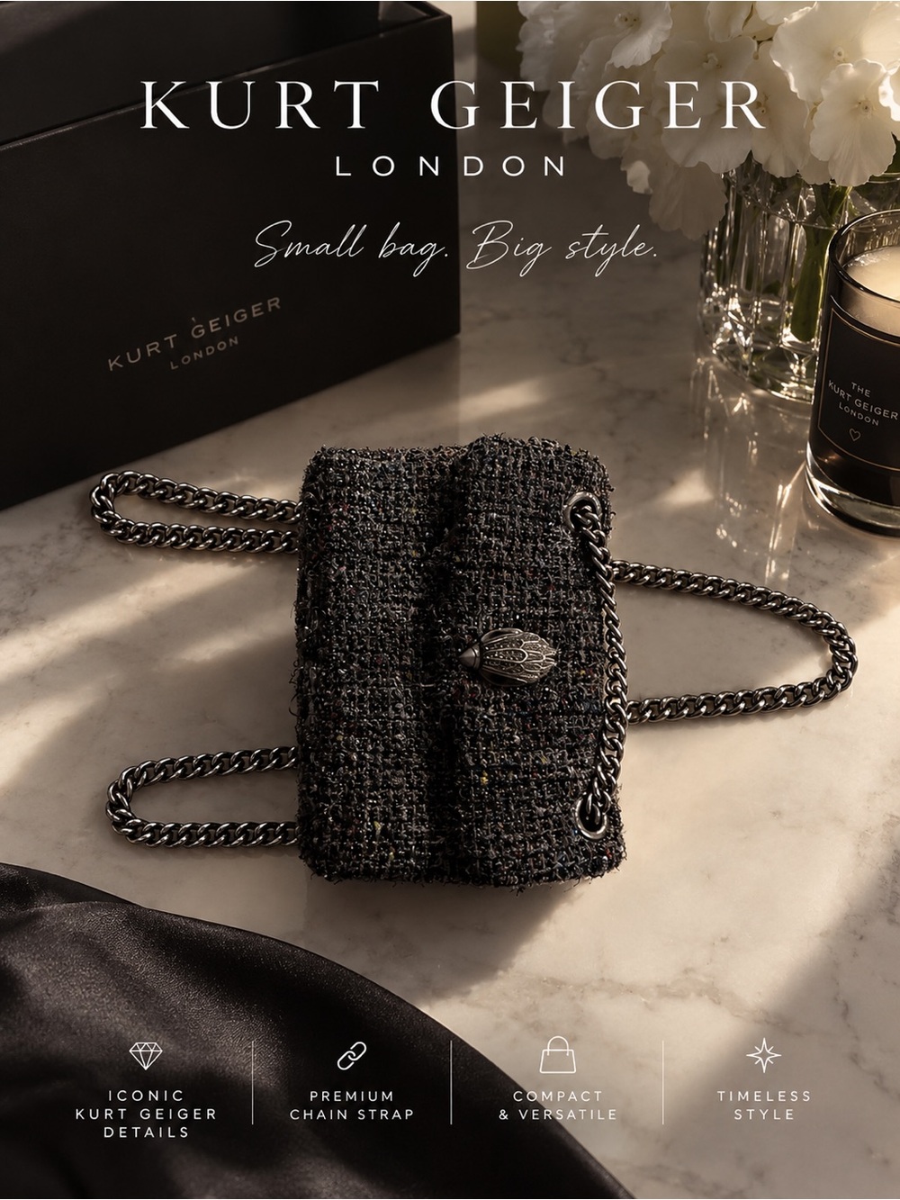 Kurt Geiger Black Tweed Messenger Bag with Gunmetal Chain